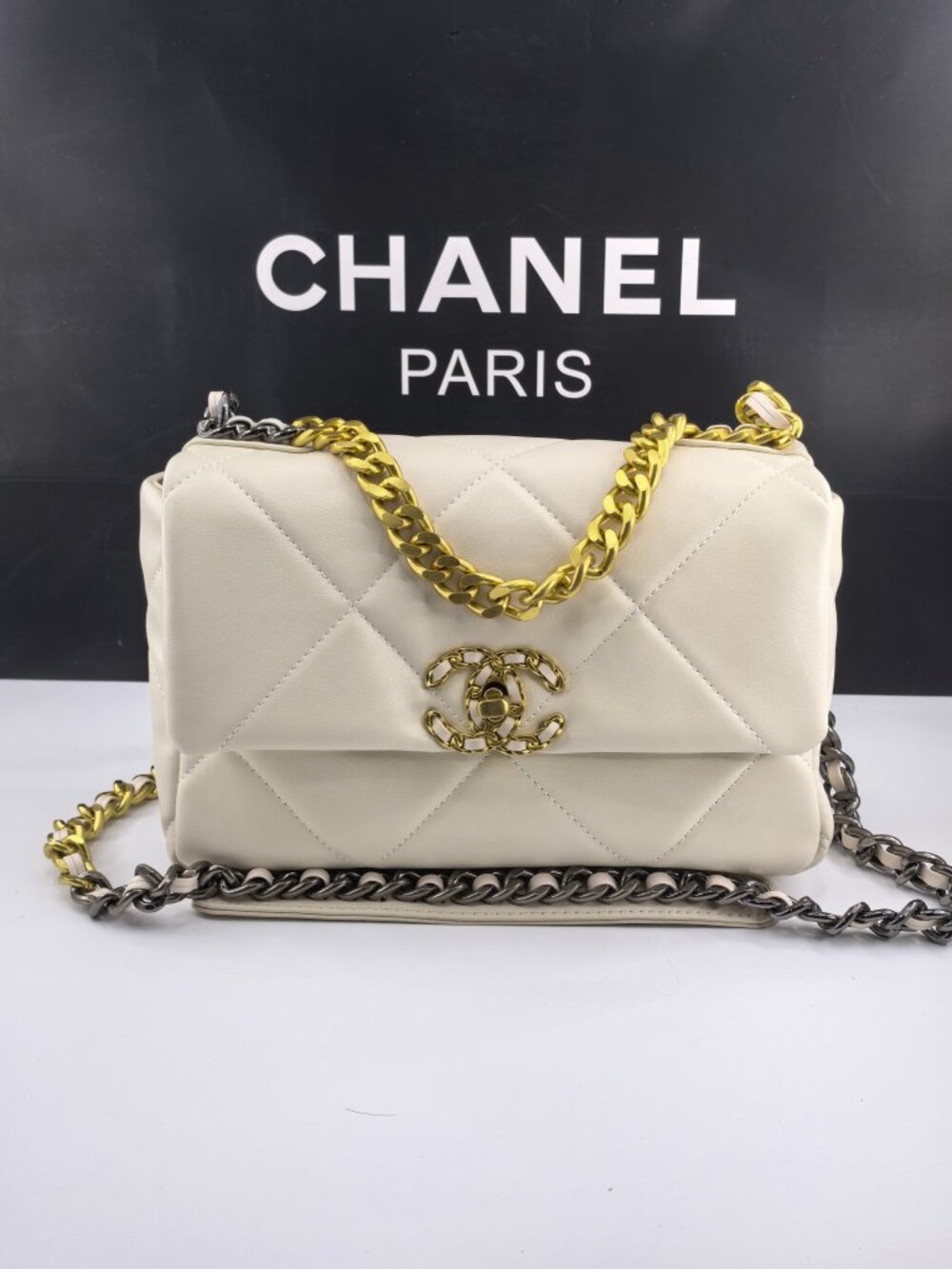Chanel Cream White Large Diamond Quilted Leather Two-Tone Chain Flap Shoulder Ba